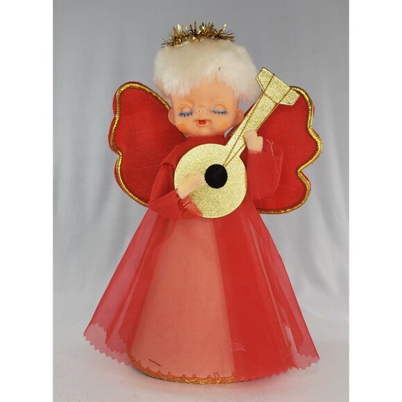 Vintage Christmas Angel Tree Topper Japan Red Mandolin - Picture 1 of 7